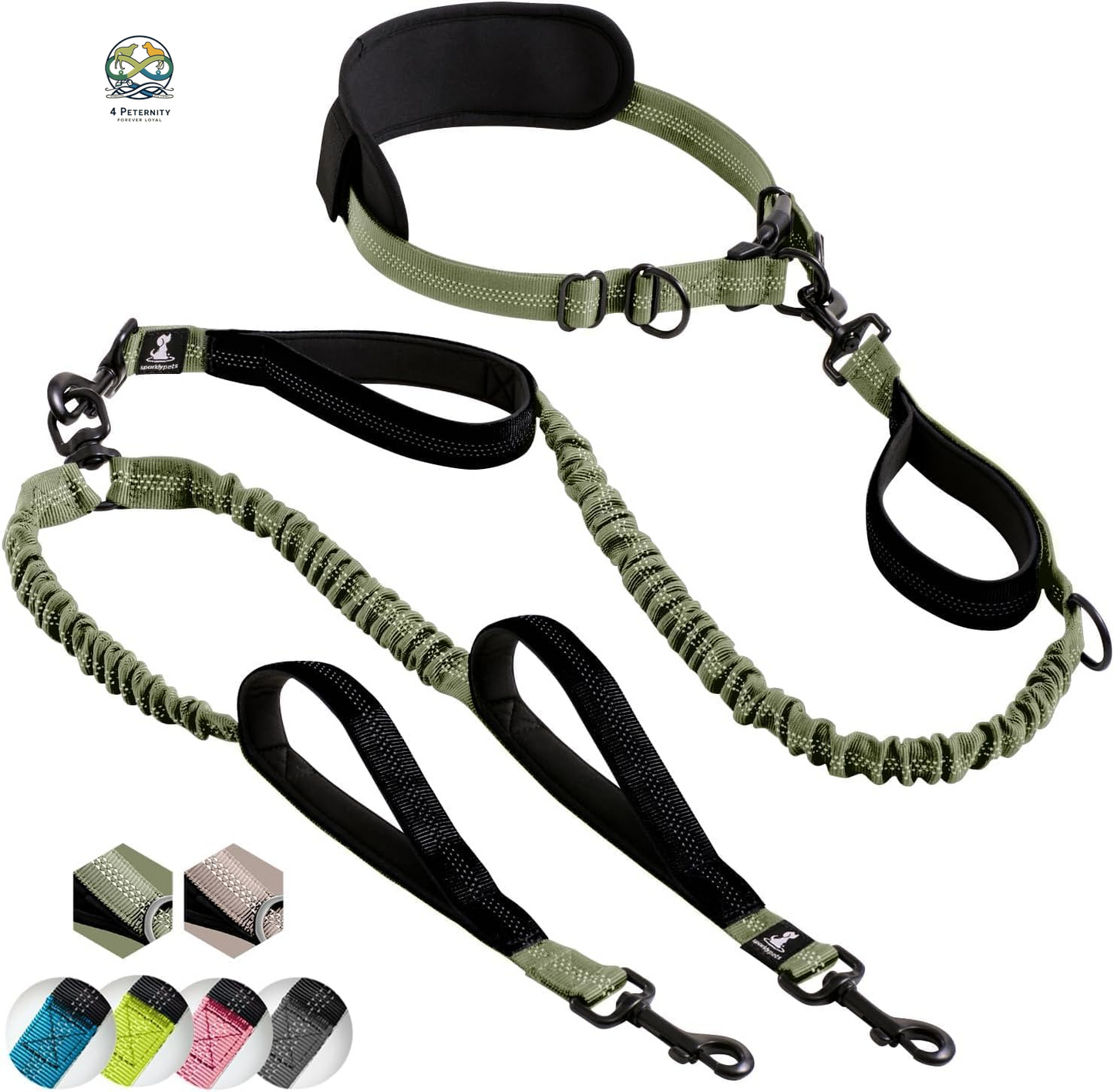 Hands Free Double Dog Leash – Dual Leash for Medium and Large Breeds – Lead for 2 Dogs with Padded Handles, Reflective Stitches, No Pull, Tangle Free