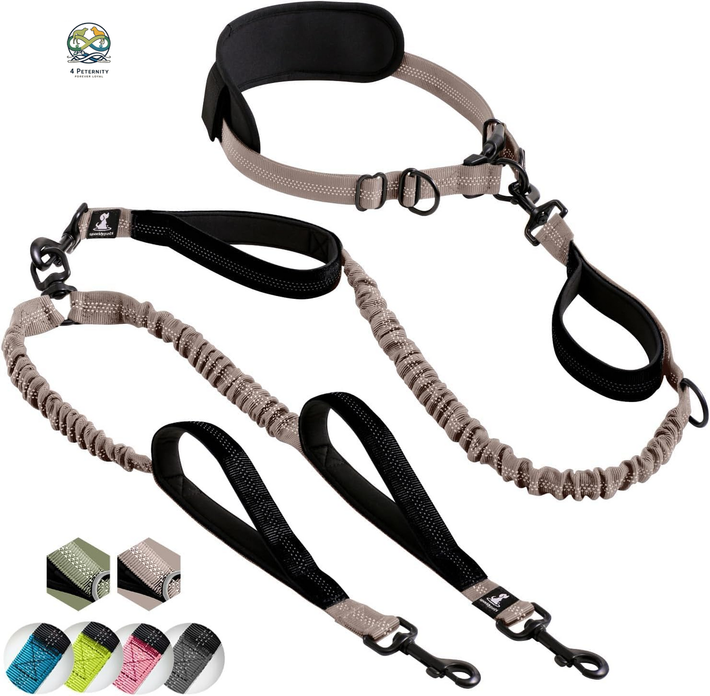 Hands Free Double Dog Leash – Dual Leash for Medium and Large Breeds – Lead for 2 Dogs with Padded Handles, Reflective Stitches, No Pull, Tangle Free