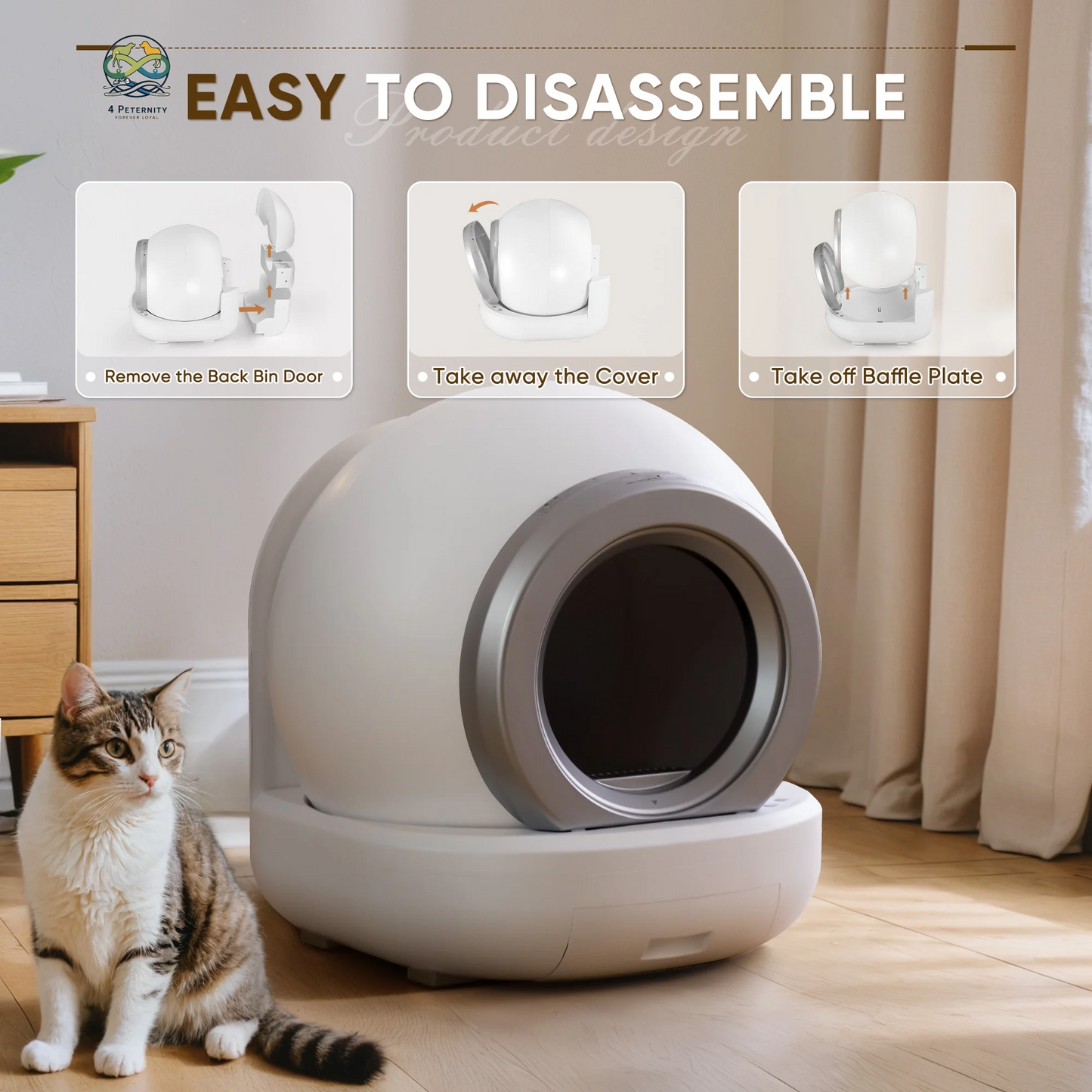 Automatic Self-Cleaning Cat Litter Box with Plastic Pad, Smart Cat Litter Box with APP Control, White