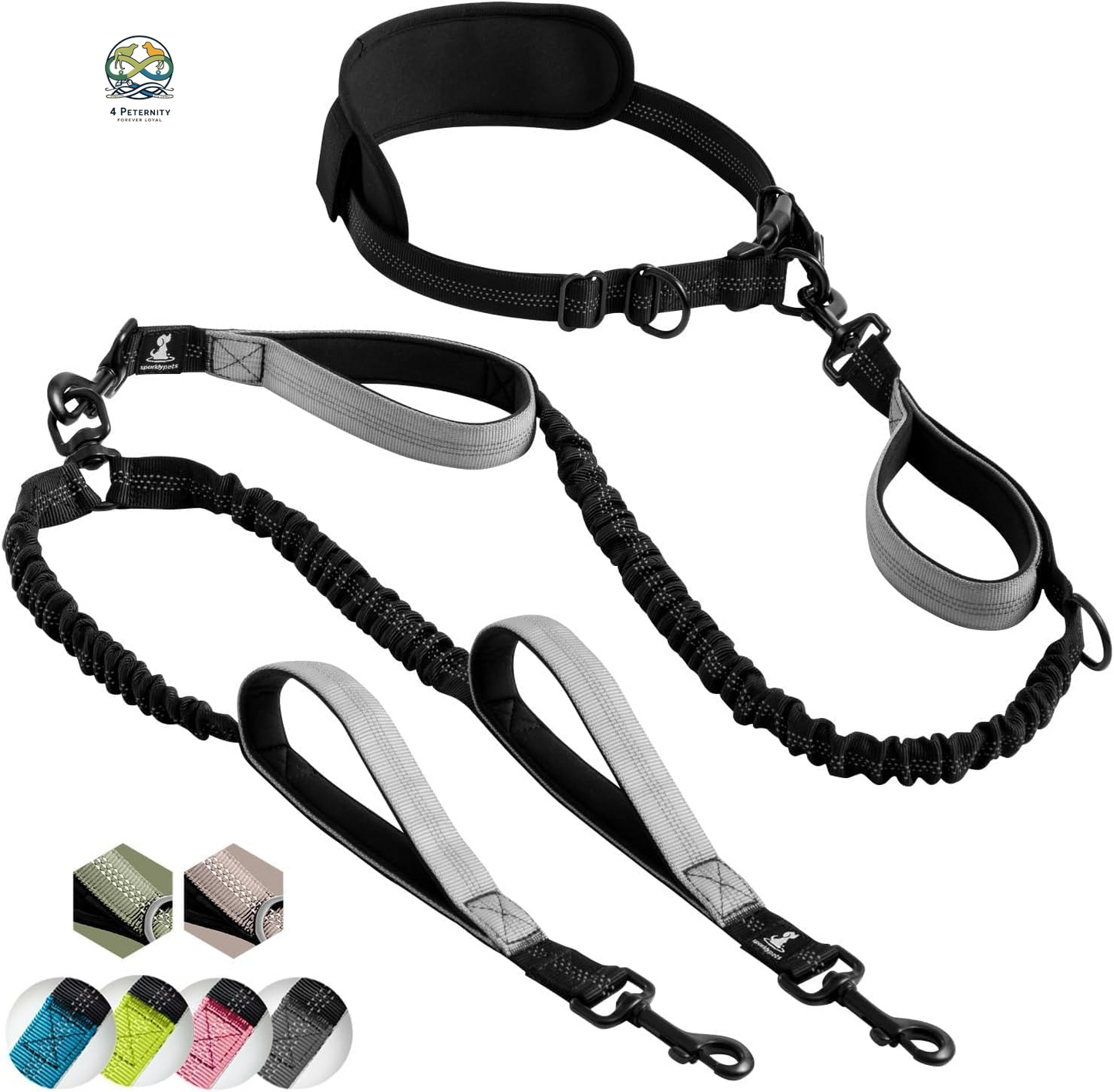Hands Free Double Dog Leash – Dual Leash for Medium and Large Breeds – Lead for 2 Dogs with Padded Handles, Reflective Stitches, No Pull, Tangle Free