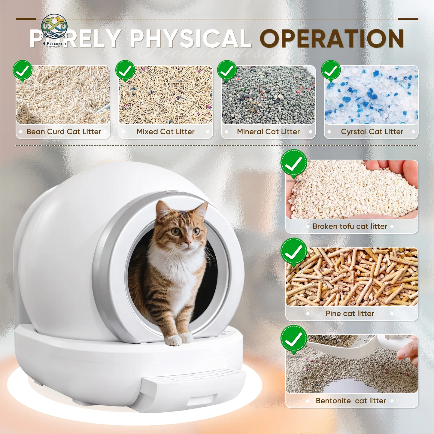 Automatic Self-Cleaning Cat Litter Box with Plastic Pad, Smart Cat Litter Box with APP Control, White