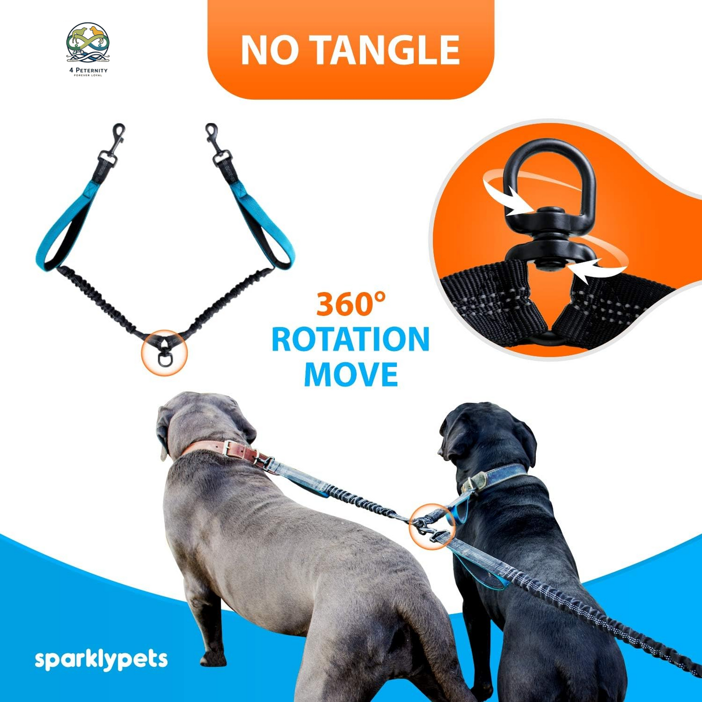 Hands Free Double Dog Leash – Dual Leash for Medium and Large Breeds – Lead for 2 Dogs with Padded Handles, Reflective Stitches, No Pull, Tangle Free