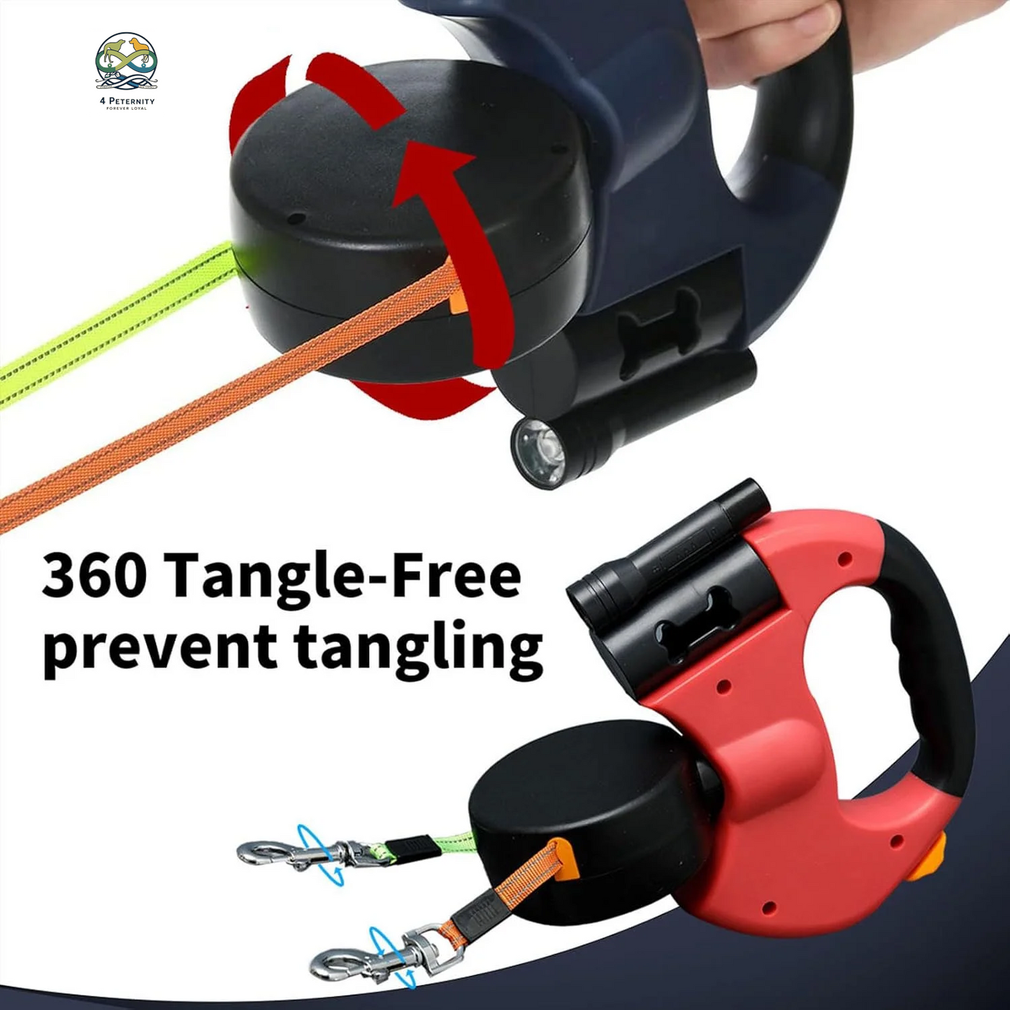 Two Dog Reflective Retractable Pet Leash – 360 Degree No Tangle Double Dogs Reflective Orange and Green Leads. Dual Locking 10 Ft Leads