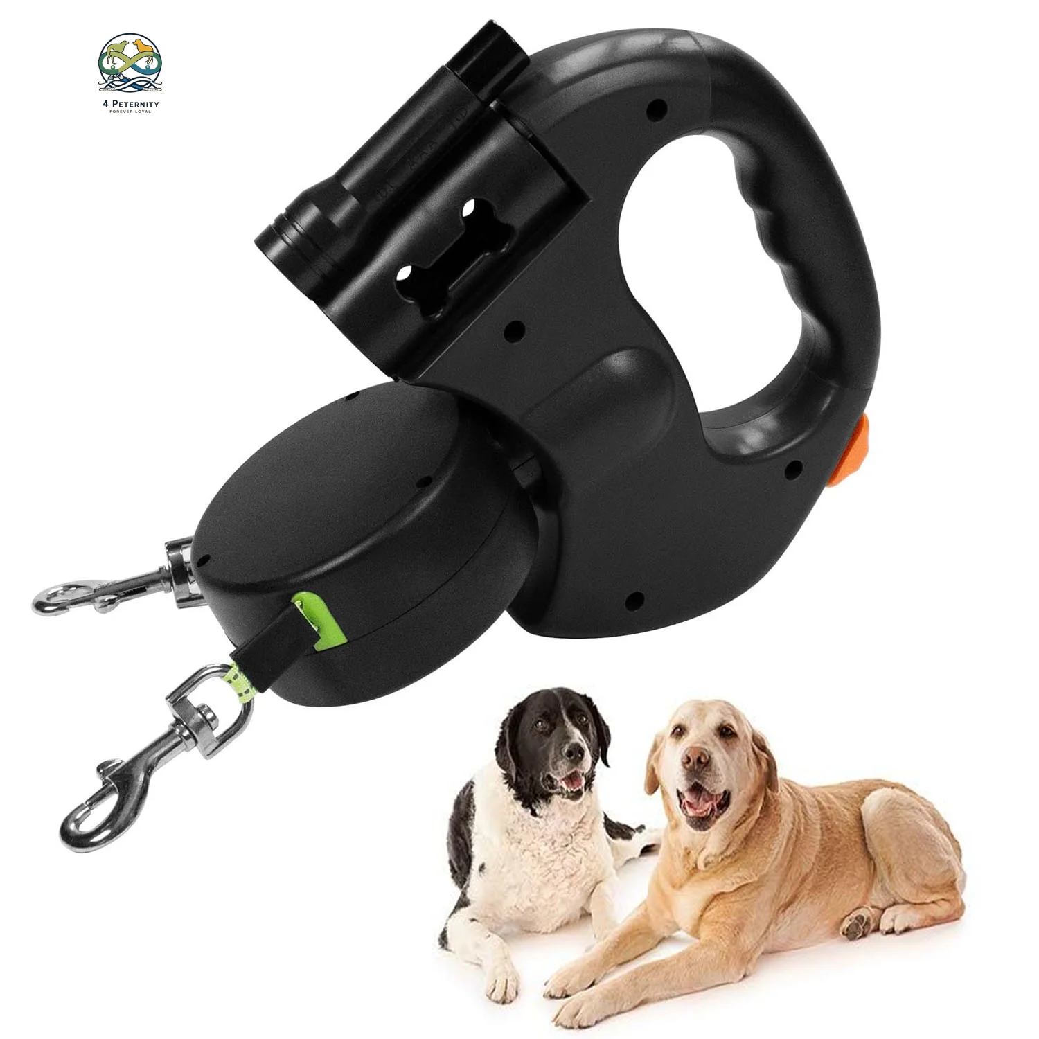 Two Dog Reflective Retractable Pet Leash – 360 Degree No Tangle Double Dogs Reflective Orange and Green Leads. Dual Locking 10 Ft Leads