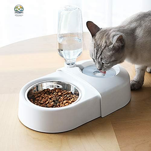 Dog Cat Food Bowls，Double Dog Bowls for Small Dogs，Automatic Drinking Water,Detachable and Stable Separation Design，Suitable for Cats/Small Dogs(White)
