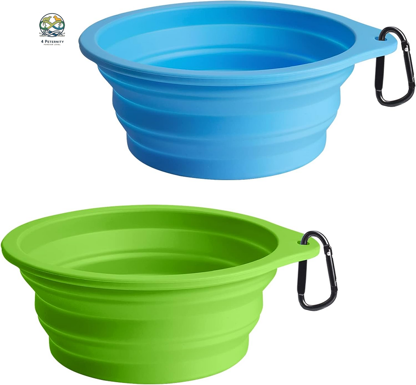 2-Pack Silicone Collapsible Dog Bowls, BPA Free Dishwasher Safe, Portable Foldable Expandable Travel Bowl, Food Water Feeding Cup Dish for Dogs Cats with 2 Carabiners (Army Green, Blue)
