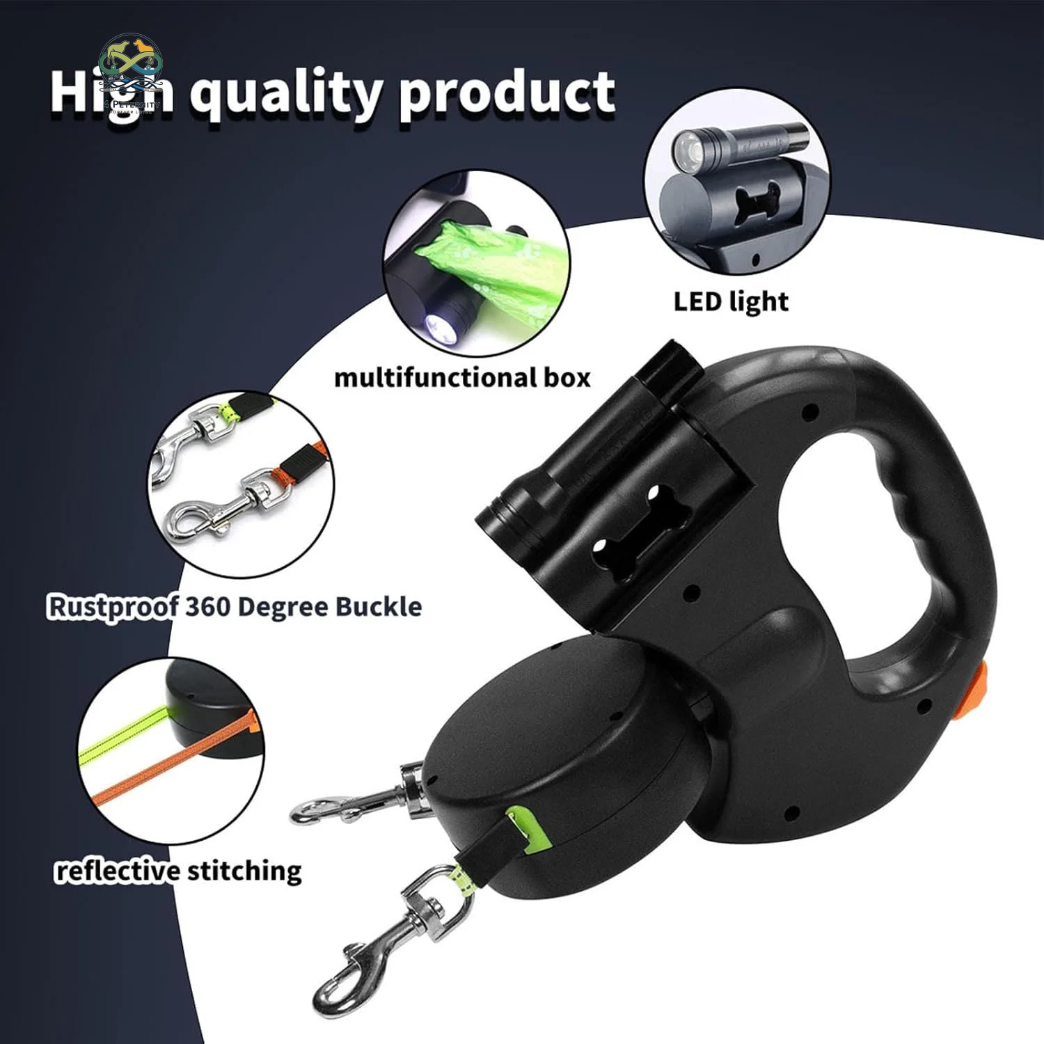 Two Dog Reflective Retractable Pet Leash – 360 Degree No Tangle Double Dogs Reflective Orange and Green Leads. Dual Locking 10 Ft Leads