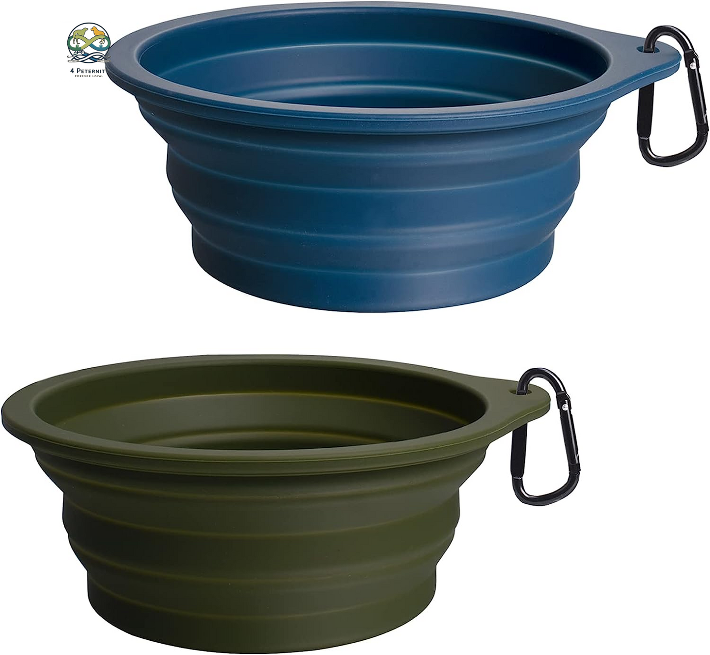 2-Pack Silicone Collapsible Dog Bowls, BPA Free Dishwasher Safe, Portable Foldable Expandable Travel Bowl, Food Water Feeding Cup Dish for Dogs Cats with 2 Carabiners (Army Green, Blue)